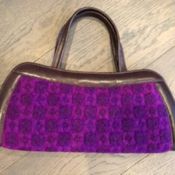 Custom Made Turkish Floral Felt + Leather Handbag Purple & Brown Size OS - Picture 3 of 5